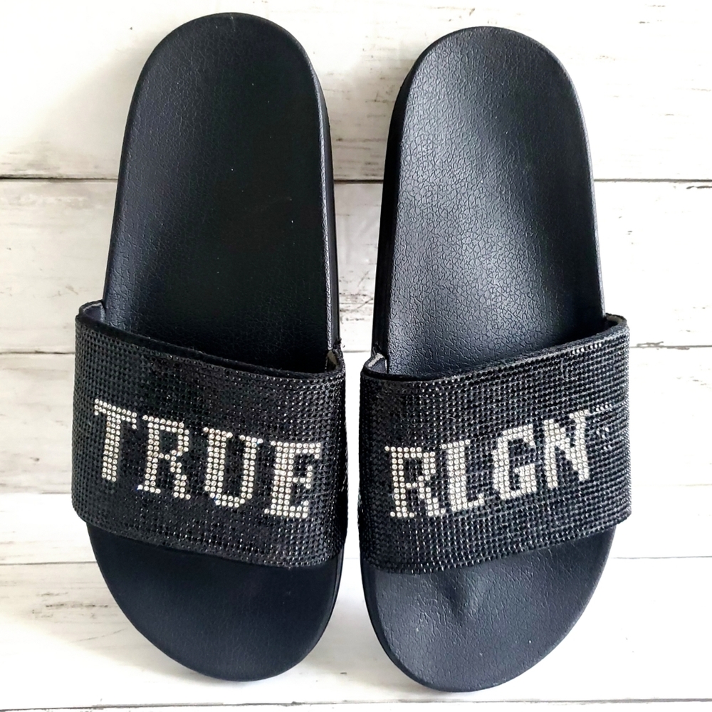 True Religion Black & Silver Studded Logo Slides, Size 10